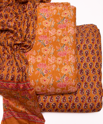 Ochre Yellow Floral Print Cotton Suit